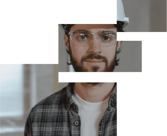 person wearing a hard hat and glasses
