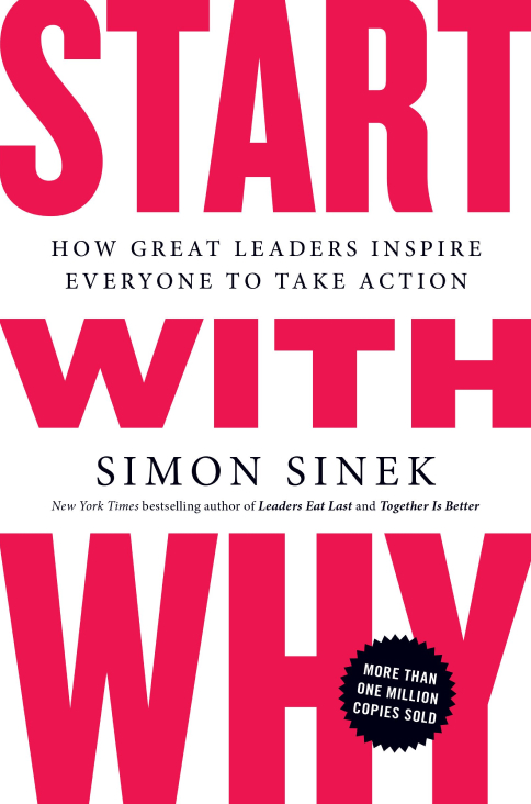 a book cover that has the words "start with why" in red letters and white background